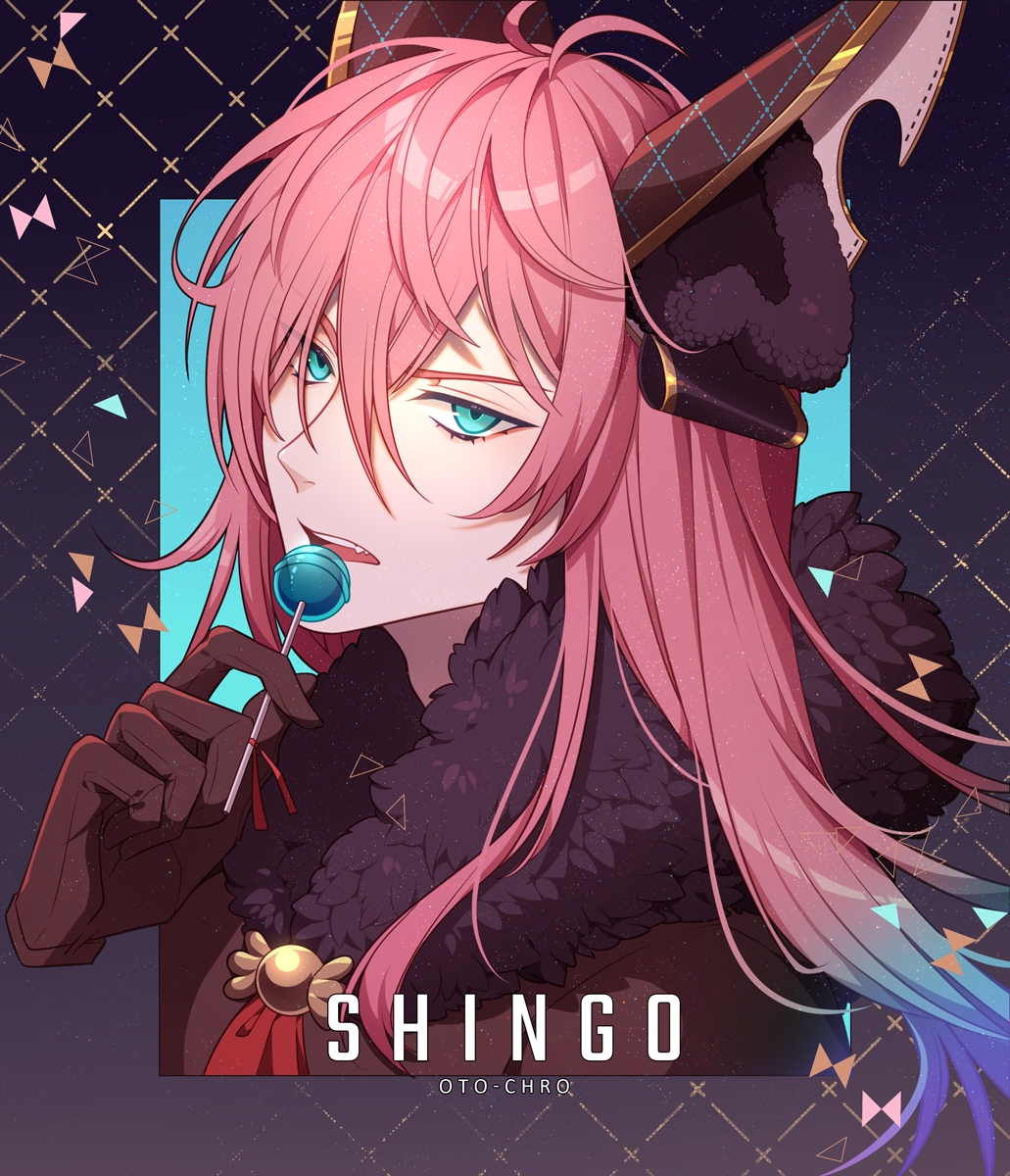 1boy, animal_ear_fluff, animal_ears, aqua_eyes, argyle, argyle_background, bishounen, black_background