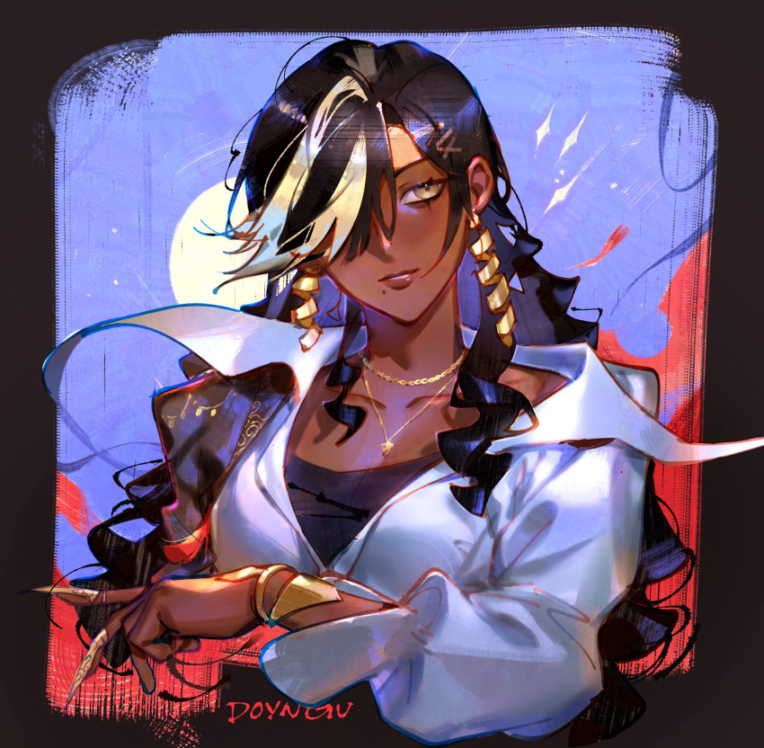 1girl, black_hair, centurion_(reverse:1999), dark-skinned_female, dark_skin, doyeong, gold_necklace, highres, jewelry, long_hair, mole, mole_under_mouth, necklace, reverse:1999, shirt, white_shirt, yellow_eyes