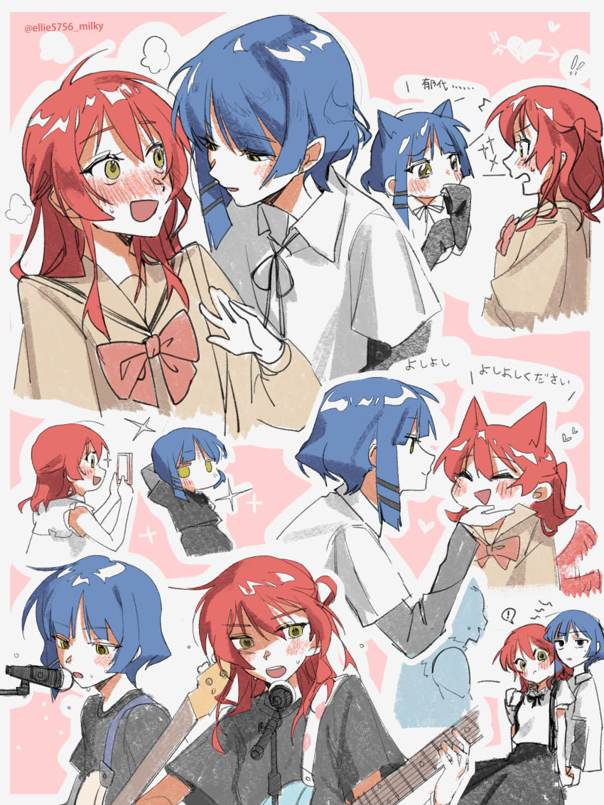 !, 1boy, 2girls, animal_ears, asymmetrical_hair, bass_guitar, black_ribbon, black_shirt, black_skirt, blue_hair, blush, bocchi_the_rock!, brown_sailor_collar, brown_shirt, collared_shirt, commentary, dog_ears, dog_tail, electric_guitar, ellie_niunai_zhuyi_zhe, embarrassed, green_eyes, guitar, hair_ornament, hairclip, hand_on_another's_chin, highres, holding_hands, instrument, kemonomimi_mode, kita_ikuyo, layered_sleeves, long_hair, long_sleeves, microphone, mole, mole_under_eye, multiple_girls, neck_ribbon, neckerchief, open_mouth, red_neckerchief, redhead, ribbon, ryo/kita, sailor_collar, school_uniform, serafuku, shirt, short_hair, short_over_long_sleeves, short_sleeves, skirt, sleeveless, sleeveless_shirt, sparkle, spoken_exclamation_mark, suspender_skirt, suspenders, sweat, tail, tail_wagging, taking_picture, translation_request, white_shirt, yamada_ryo, yuri_(doki_doki_literature_club)