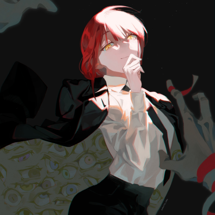 1girl, 1other, black_background, black_jacket, black_necktie, blue_eyes, chainsaw_man, closed_mouth