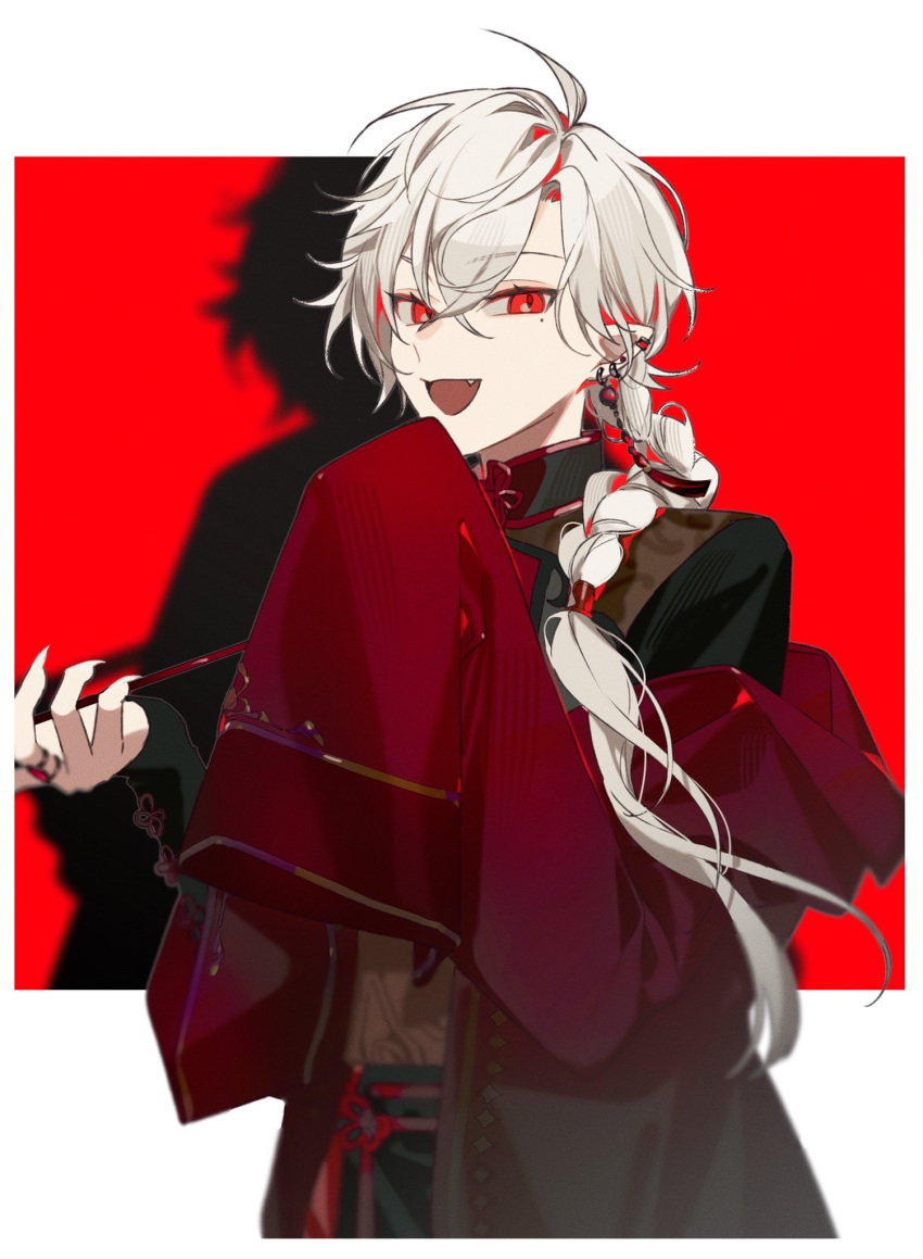 1boy, asymmetrical_sleeves, braid, earrings, fang, highres, jewelry, kuzuha_(nijisanji), long_hair, male_focus, mmmecr, nijisanji, open_mouth, pointy_ears, red_eyes, single_braid, sleeves_past_fingers, sleeves_past_wrists, smile, solo, uneven_sleeves, virtual_youtuber, white_hair