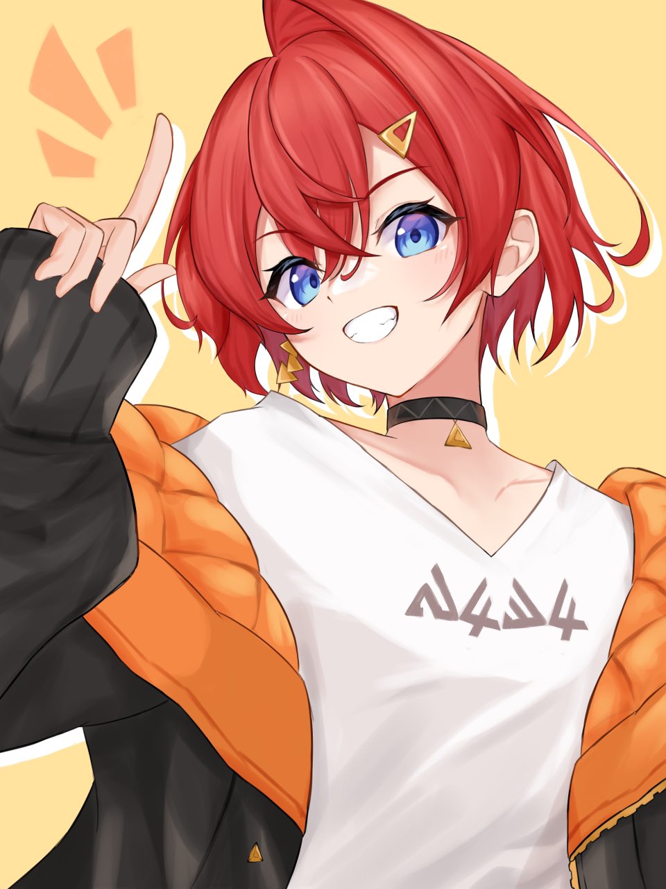 1girl, ange_katrina, ange_katrina_(6th_costume), black_choker, black_jacket, blue_eyes, choker, grin
