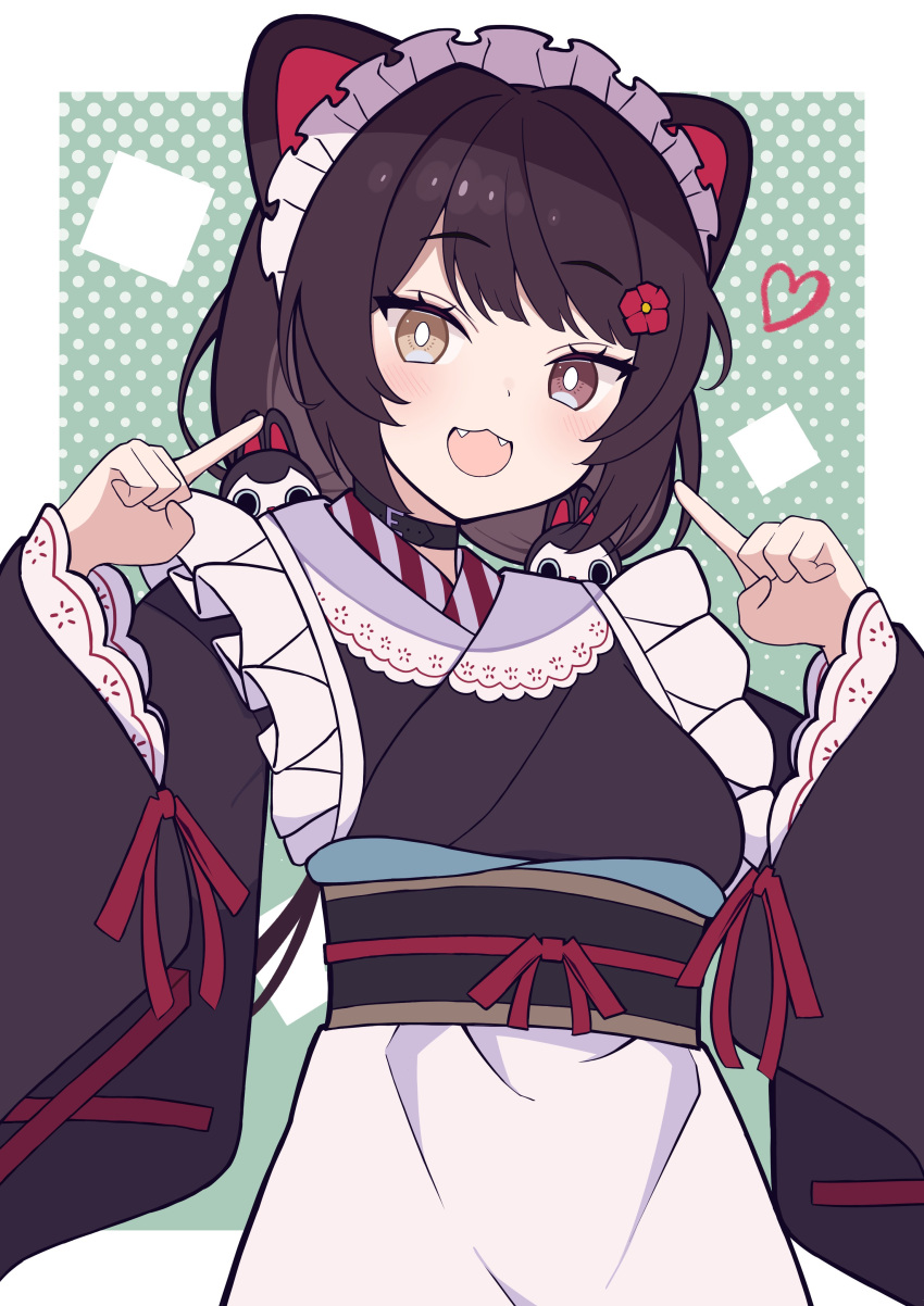 1girl, absurdres, animal_ears, apron, black_choker, black_kimono, brown_hair, choker