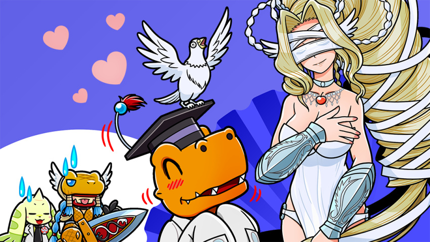 2girls, :p, ^_^, agumon_hakase, animal_on_head, armor, artist_request, bird, bird_on_head, blindfold, blonde_hair, blue_hair, blush, braid, closed_eyes, covered_eyes, digimon, digimon_(creature), dove, gauntlets, greatsword, hair_ribbon, hand_on_own_chest, hat, helmet, helmet_over_eyes, high_ponytail, holding, holding_sword, holding_weapon, jewelry, lab_coat, leotard, minervamon, mortarboard, multiple_girls, necklace, official_art, olive_(digimon), on_head, ribbon, sleeves_past_fingers, sleeves_past_wrists, smile, strapless, sweatdrop, sword, terriermon_joshu, tongue, tongue_out, venusmon, weapon, white_leotard, white_ribbon