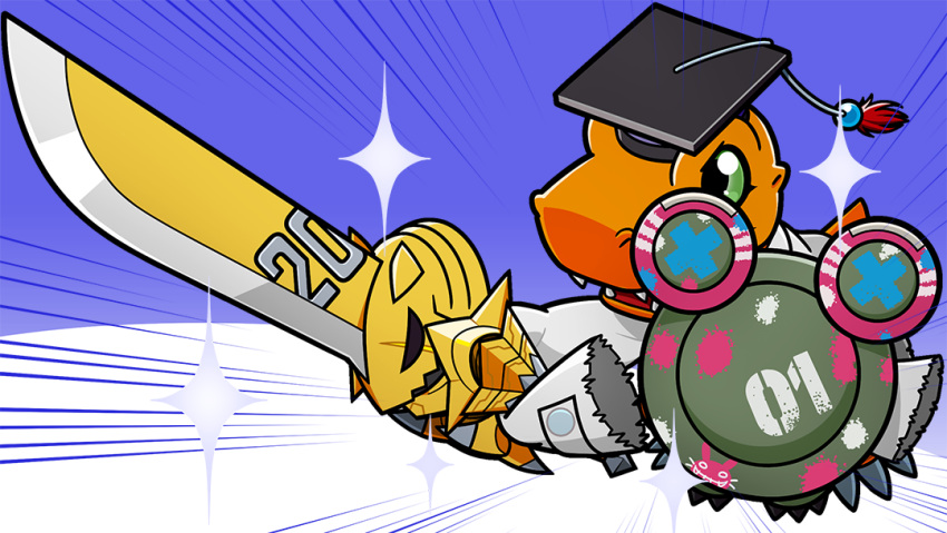 agumon_hakase, artist_request, digimon, digimon_(creature), hat, holding, holding_shield, holding_sword