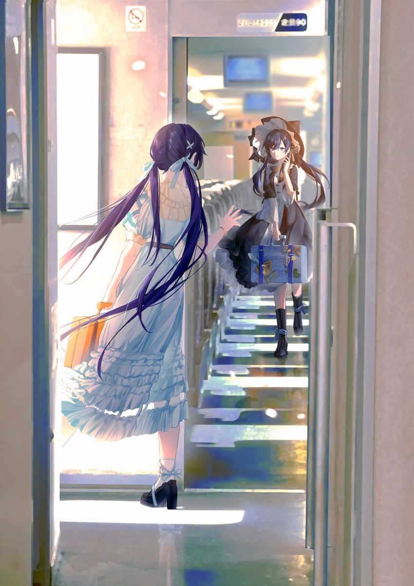 2girls, absurdres, black_dress, black_footwear, black_hair, blue_dress, blue_eyes, blue_hair