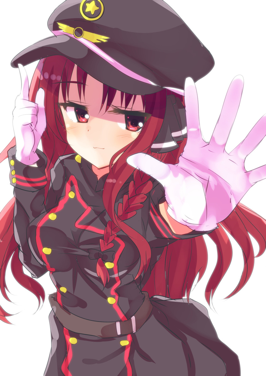 1girl, :3, absurdres, adjusting_clothes, adjusting_headwear, black_bow, black_jacket, black_skirt