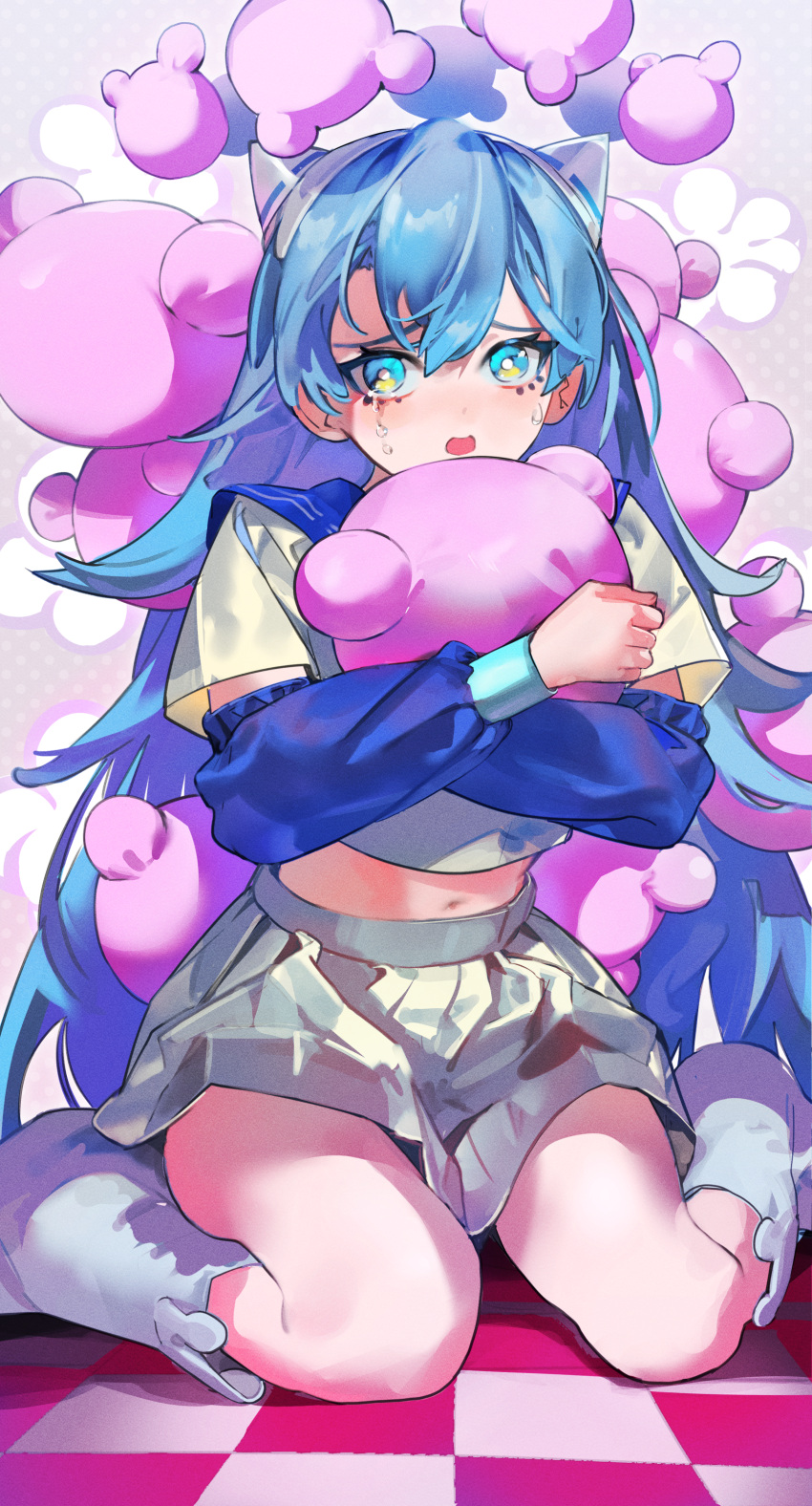 1girl, absurdres, ado_(utaite), blue_eyes, blue_hair, blush, cloud_nine_inc, crop_top