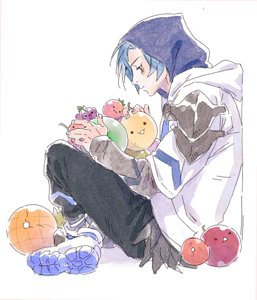 1boy, armor, black_pants, blue_hair, crossed_legs, crossover, food, fruit
