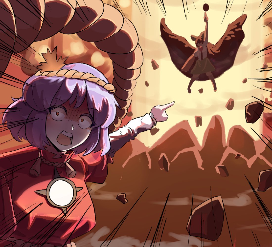 2girls, arm_cannon, bird_wings, black_wings, blouse, bow, brown_hair, cape