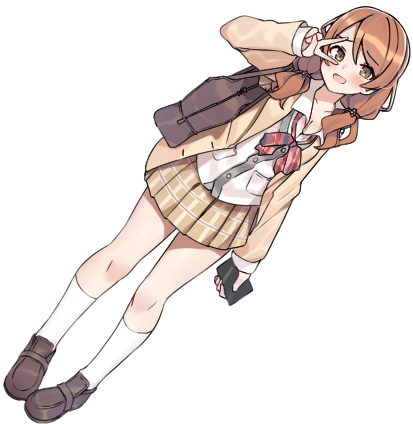 1girl, aa211108, bag, blush, bow, bowtie, brown_bag, brown_eyes, brown_footwear, brown_hair, brown_jacket, buttons, checkered_clothes, checkered_skirt, commentary, dutch_angle, full_body, hand_up, hojo_karen, holding, holding_phone, idolmaster, idolmaster_cinderella_girls, jacket, legs, long_hair, long_sleeves, looking_at_viewer, low_twintails, open_clothes, open_collar, open_jacket, open_mouth, phone, red_bow, red_bowtie, school_uniform, shirt, shoulder_bag, skirt, smile, socks, solo, standing, thighs, twintails, v, white_background, white_shirt, white_socks, yellow_skirt