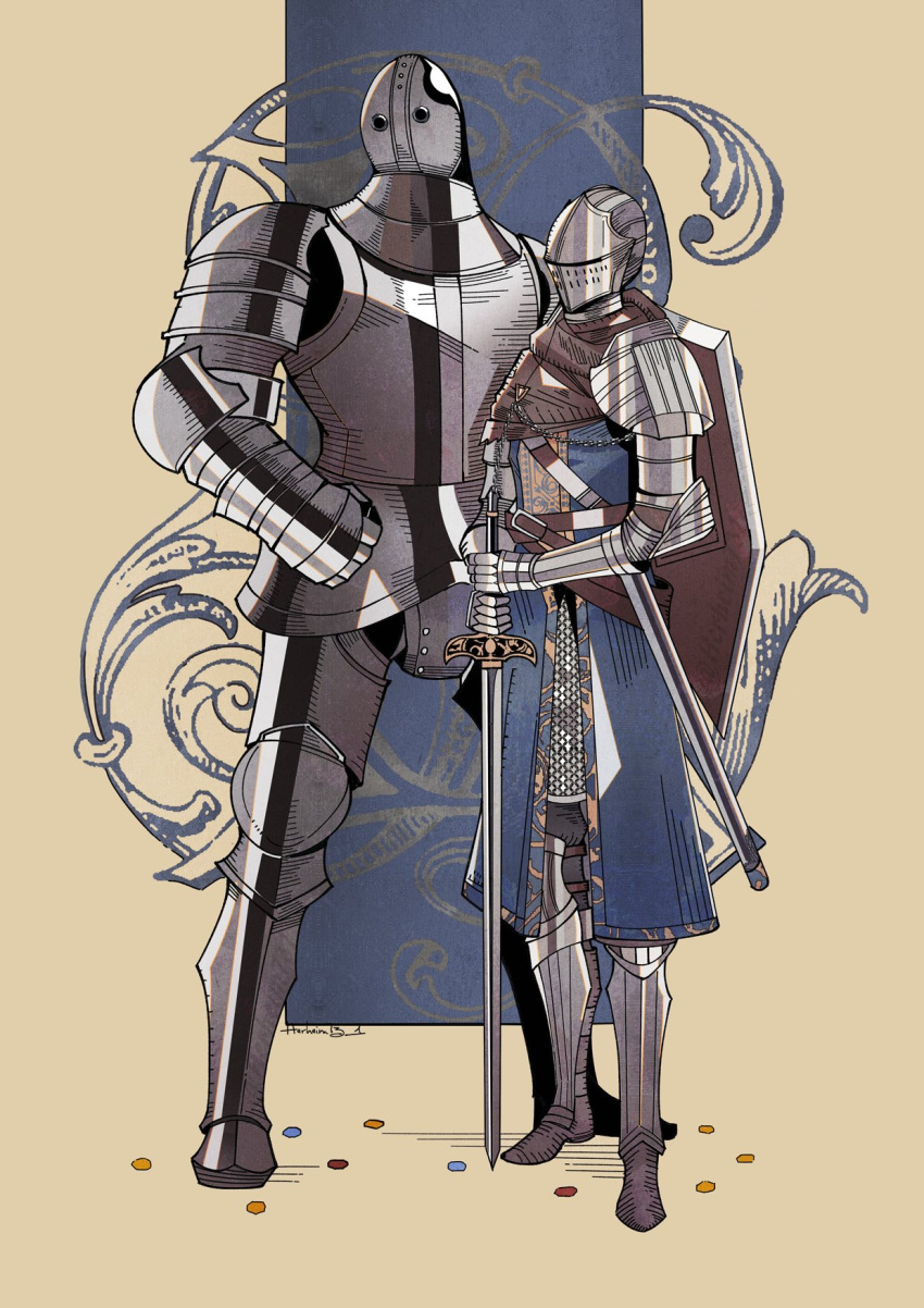 1boy, 1girl, anri_of_astora, arm_guards, armor, belt, chainmail, covered_face