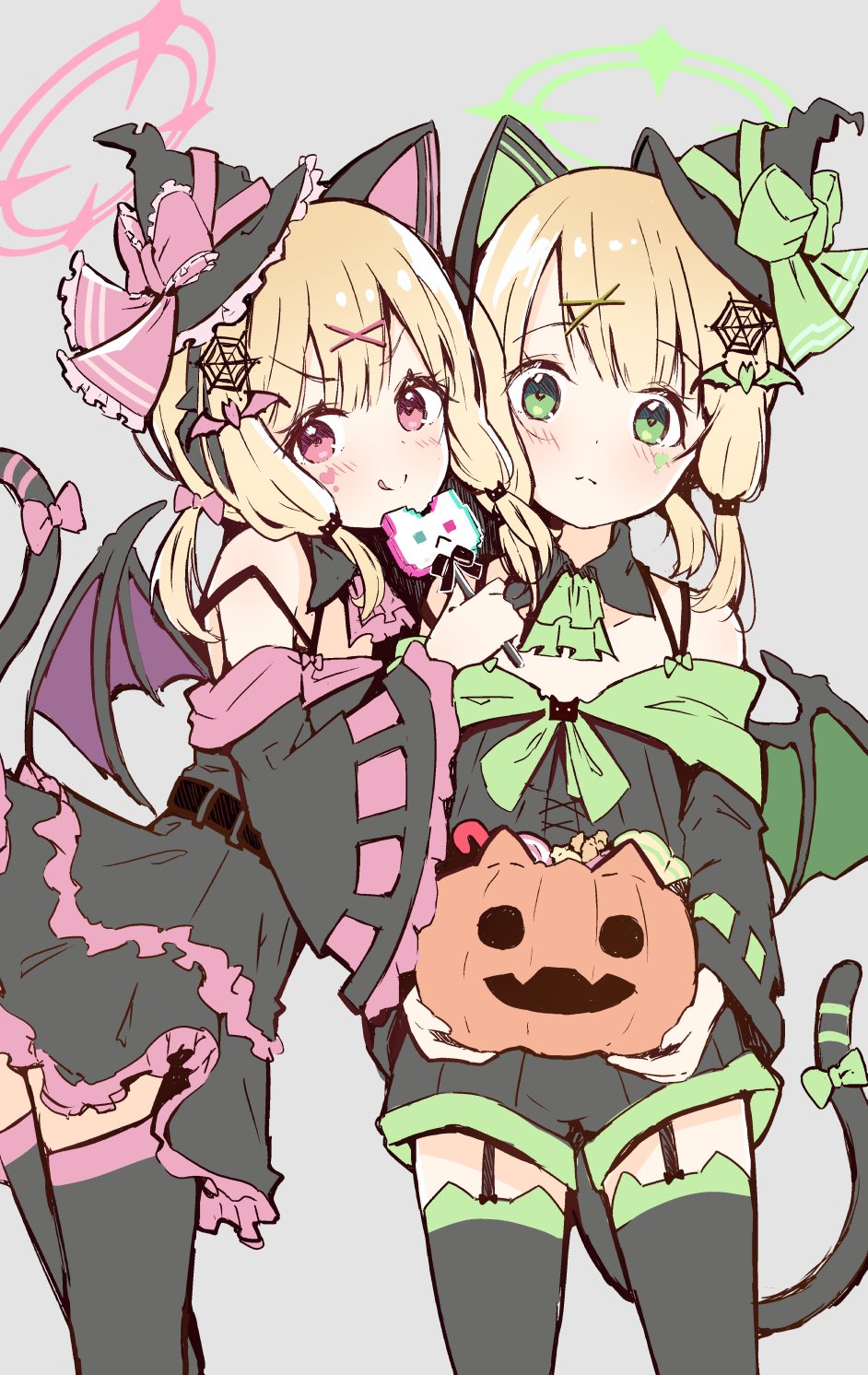 2girls, animal_ears, bat_hair_ornament, belt, black_belt, black_dress, black_headwear, black_shorts