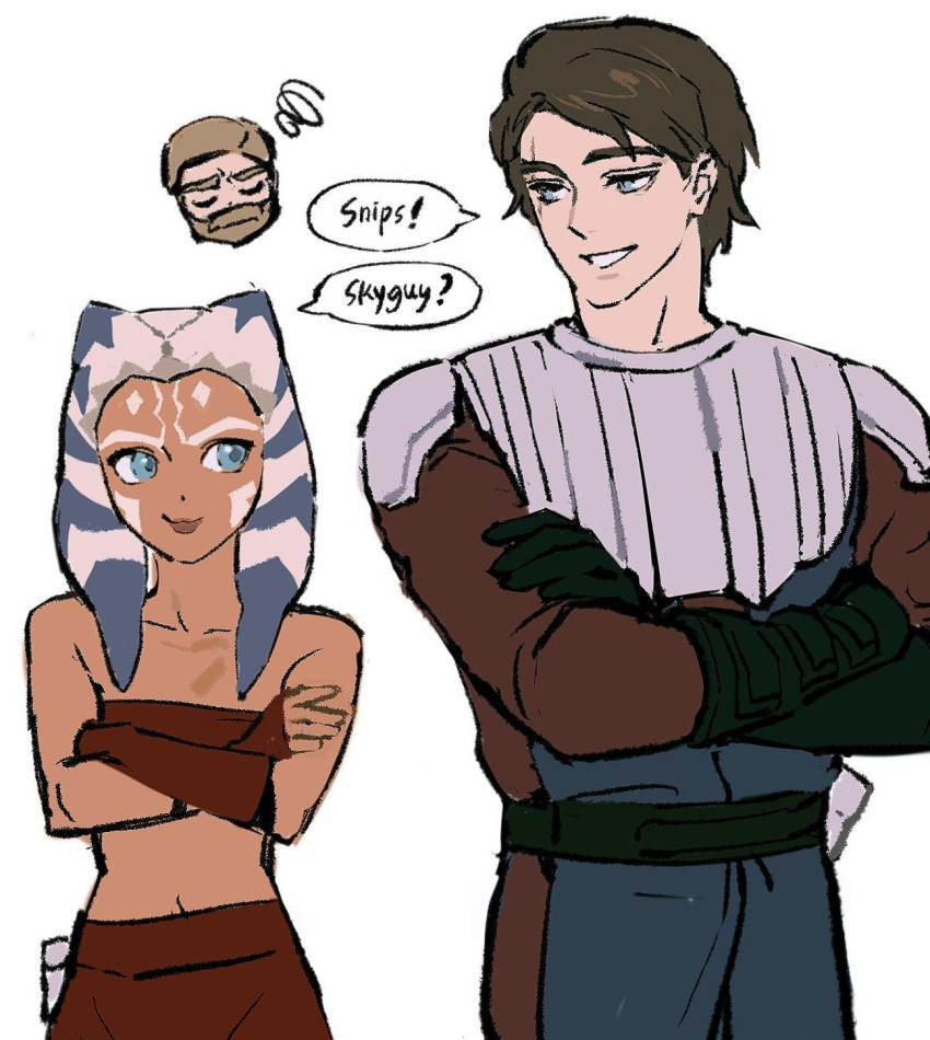 1girl, 2boys, ahsoka_tano, anakin_skywalker, beard, black_gloves, blonde_hair, blue_eyes