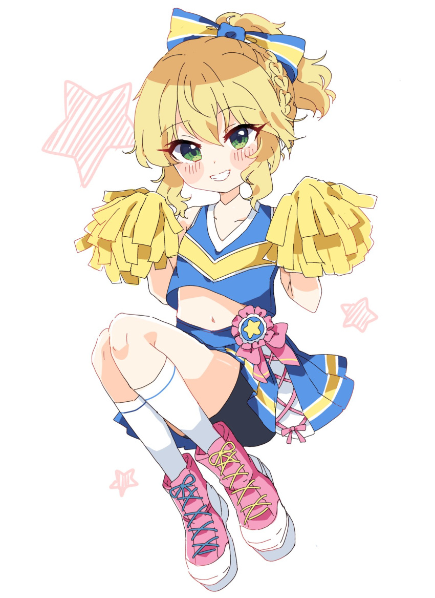 1girl, bike_shorts, black_shorts, blonde_hair, blue_bow, blue_shirt, blue_skirt, blush