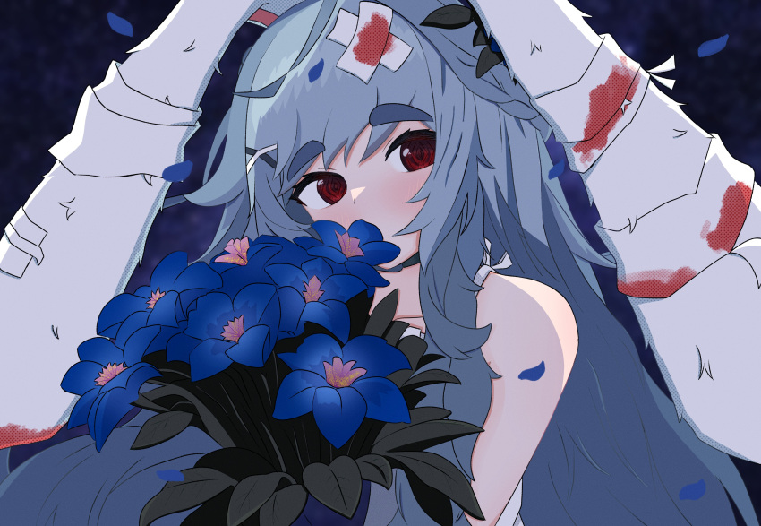 1girl, @_@, absurdres, ahoge, animal_ears, bandages, black_choker, blood