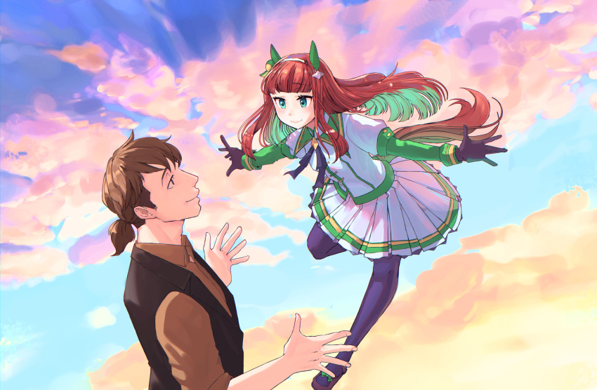 1boy, 1girl, absurdres, animal_ears, aqua_eyes, black_gloves, black_pantyhose, blue_eyes, blunt_bangs, brown_hair, brown_shirt, clouds, commentary_request, ear_covers, floating, floating_hair, gloves, highres, horse_ears, horse_girl, horse_tail, juliet_sleeves, long_hair, long_sleeves, miniskirt, pantyhose, pleated_skirt, puffy_sleeves, shirt, silence_suzuka_(umamusume), skirt, tail, team_spica's_trainer, torakinaco, umamusume, white_shirt, white_skirt