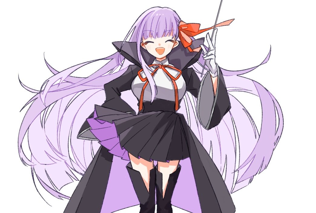 1girl, bb_(fate), black_footwear, black_skirt, blunt_ends, boots, bow, bowtie, breasts, closed_eyes, commentary, cowboy_shot, fate/extra, fate/extra_ccc, fate_(series), gloves, hair_bow, high-waist_skirt, kagari452, knee_boots, large_breasts, long_hair, long_sleeves, looking_at_viewer, open_mouth, pleated_skirt, popped_collar, purple_hair, red_bow, red_bowtie, shirt, sidelocks, simple_background, skirt, smile, solo, teeth, upper_teeth_only, very_long_hair, white_background, white_gloves, white_shirt, wide_sleeves