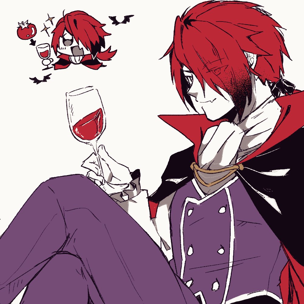1boy, :d, adol_christin, bat_(animal), black_cape, buttons, cape, chibi, commentary, crossed_legs, cup, fang, hair_over_one_eye, holding, holding_cup, pants, purple_pants, purple_suit, red_cape, redhead, short_hair, simple_background, smile, sparkle, suit, symbol-only_commentary, tomato, two-tone_cape, white_background, yamasaga_e, ys