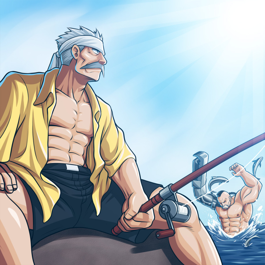bandana, buccaneer_(fullmetal_alchemist), facial_hair, fish, fishing, fishing_rod, fu_(fullmetal_alchemist), fullmetal_alchemist