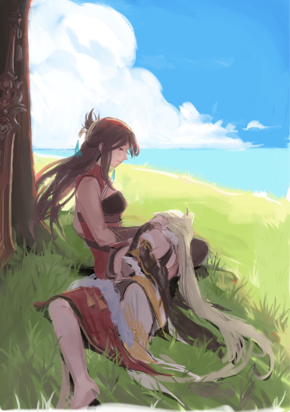 2girls, bare_shoulders, barefoot, beidou_(genshin_impact), blonde_hair, blue_sky, brown_hair, brown_pants
