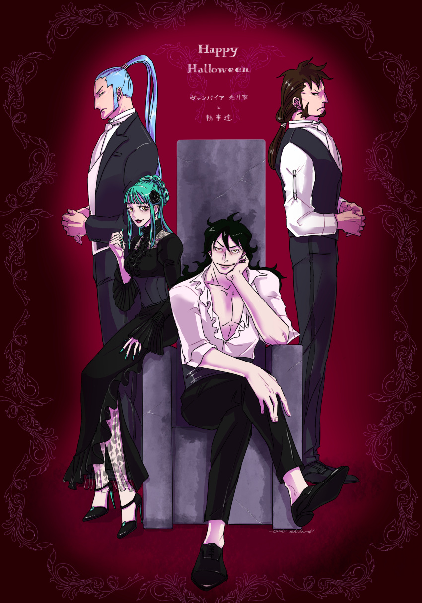 1girl, 3boys, absurdres, alternate_costume, aqua_hair, aqua_nails, black_dress, black_hair