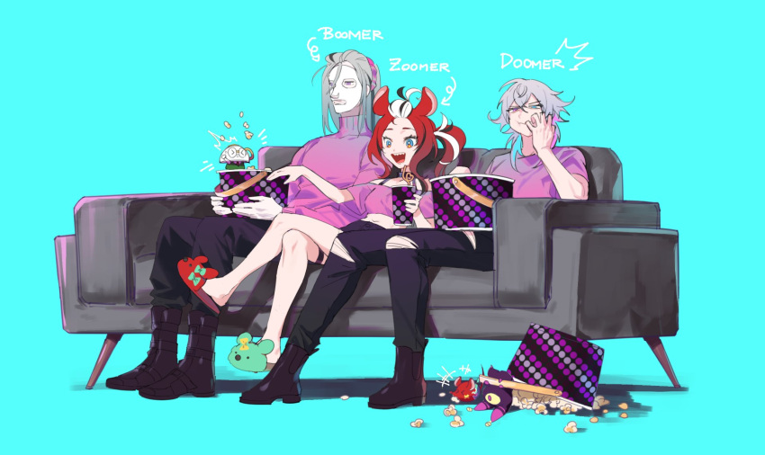 1girl, 2boys, animal_ears, animal_slippers, black_footwear, black_hair, blue_background, blue_eyes