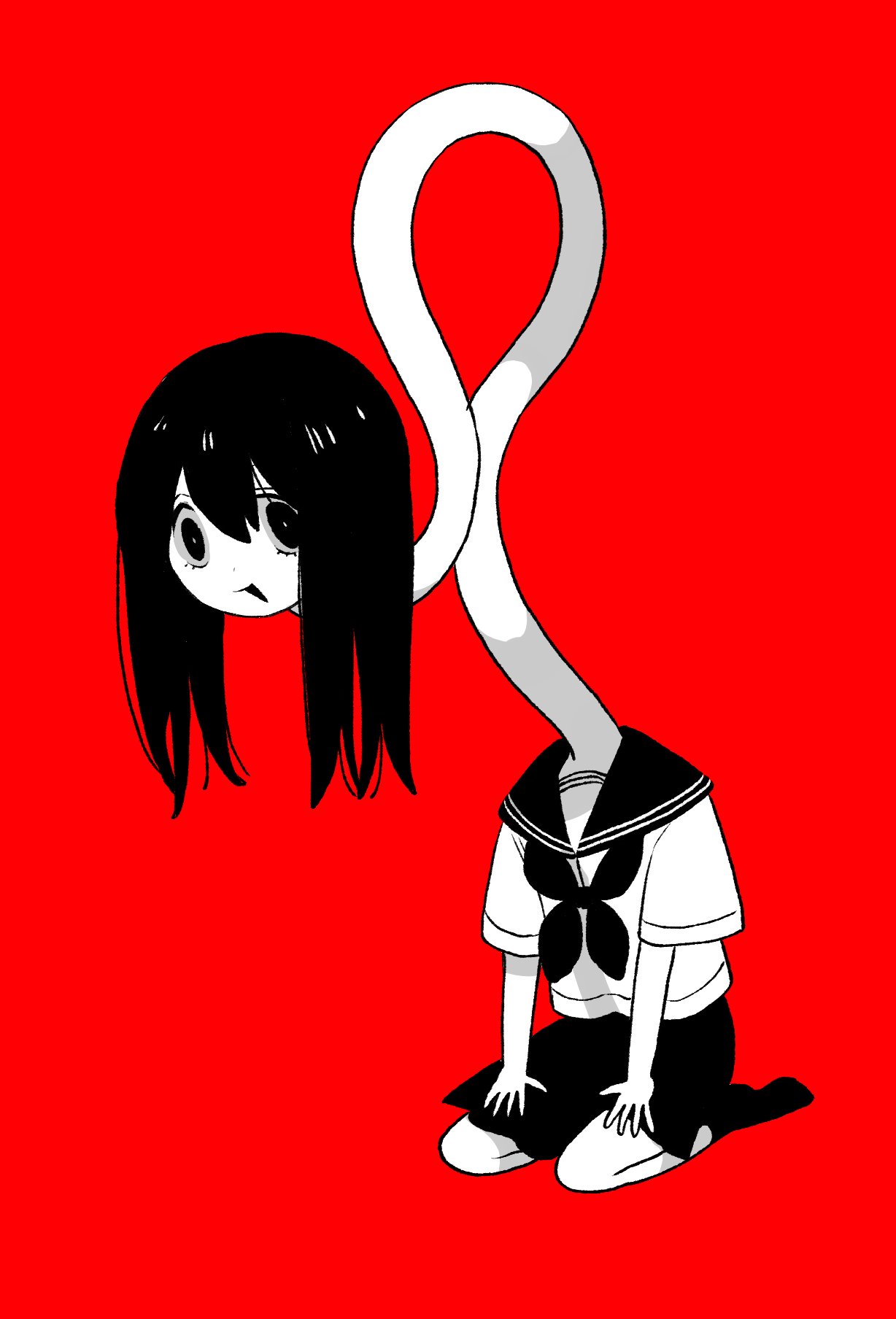 1girl, black_eyes, black_socks, highres, long_hair, long_neck, long_sleeves, monochrome