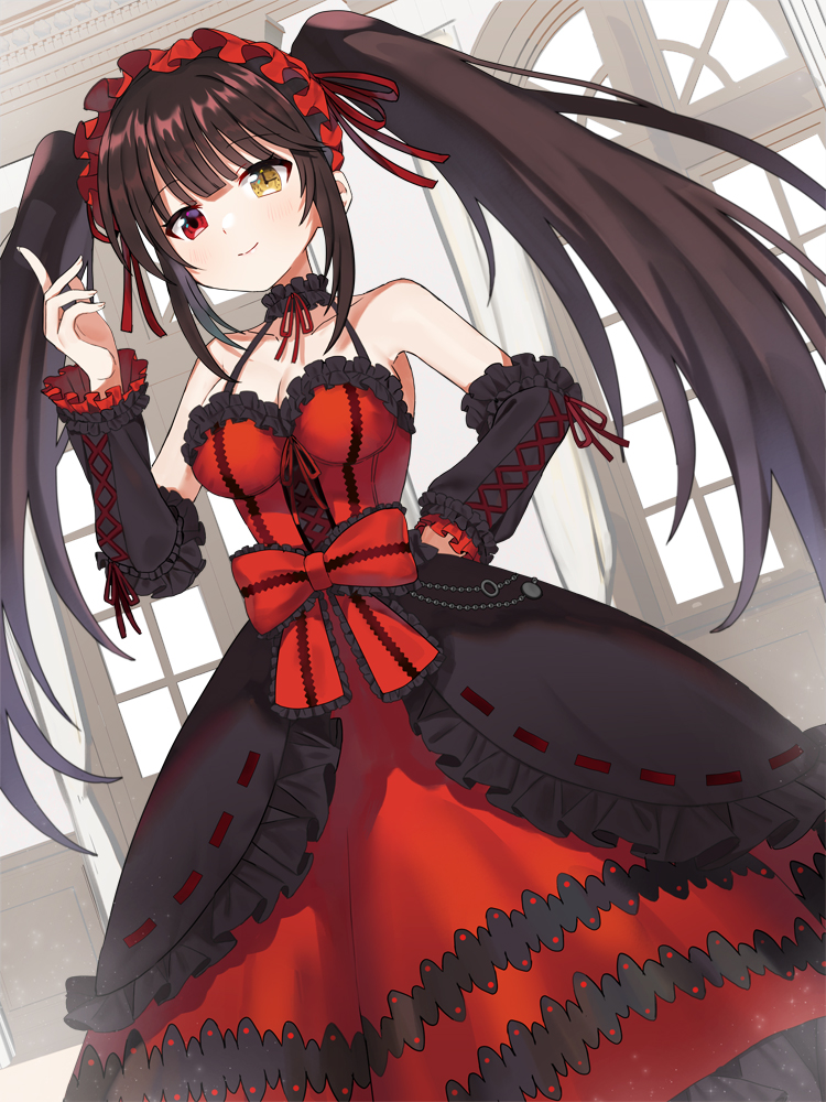 1girl, bare_shoulders, black_hair, breasts, clock_eyes, date_a_live, detached_sleeves, dress