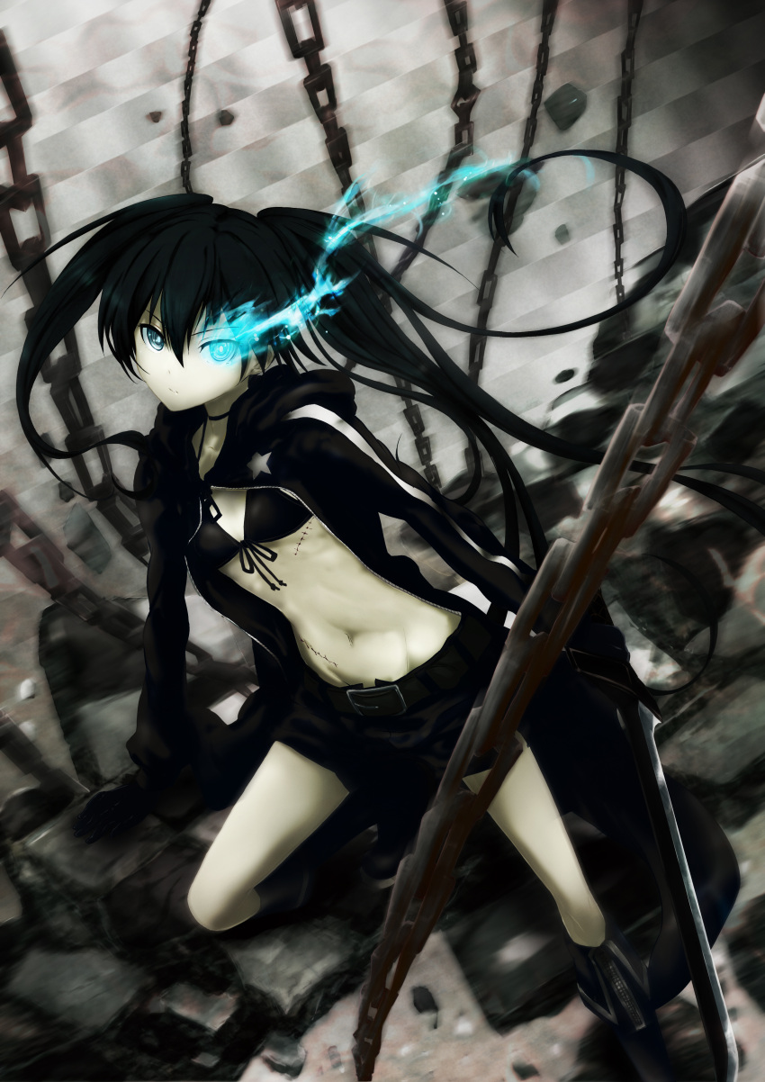 bikini_top, black_hair, black_rock_shooter, black_rock_shooter_(character), blue_eyes, chain, checkered, coat