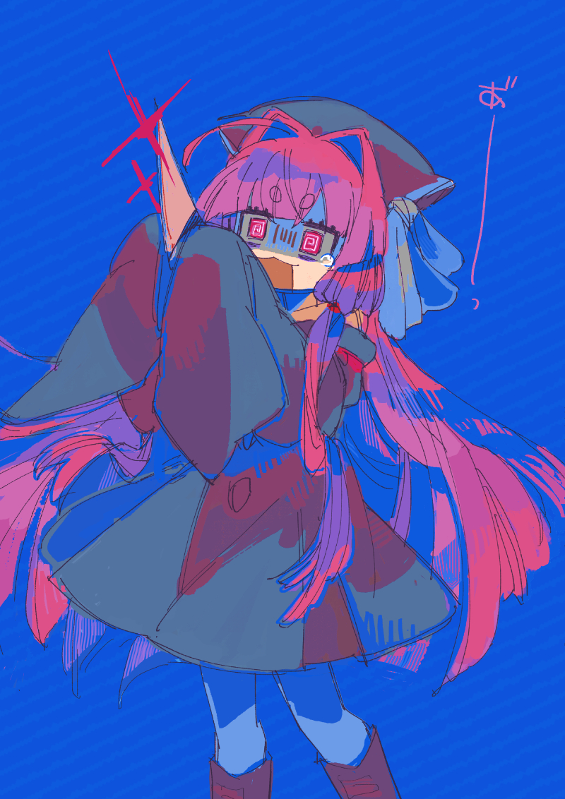 1girl, @_@, blue_background, blue_pantyhose, boots, dress, glint, hat