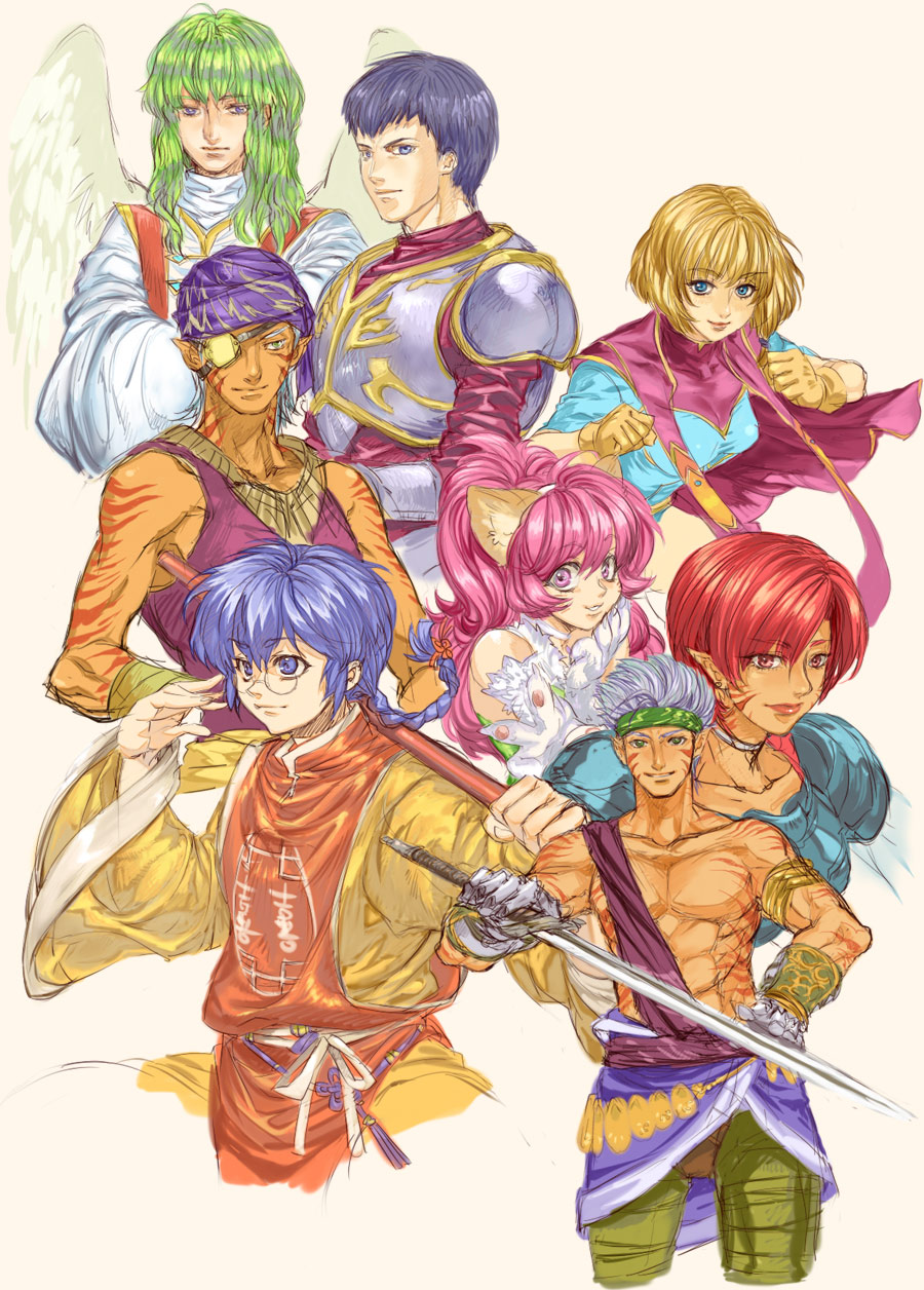 3girls, 5boys, animal_ears, armor, blonde_hair, blue_eyes, breasts, cat_ears