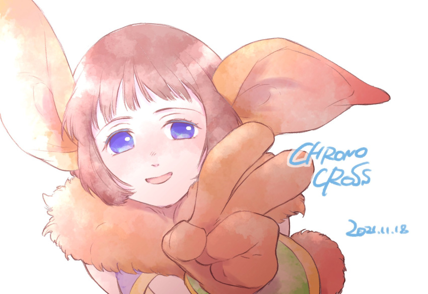 1girl, animal_ears, animal_hands, blue_eyes, brown_hair, chrono_cross, clothing_cutout, dated, gloves, highres, janice_(chrono_cross), looking_at_viewer, mi_(matilda-mc), monster_girl, open_mouth, rabbit_ears, short_hair, simple_background, smile, solo, white_background