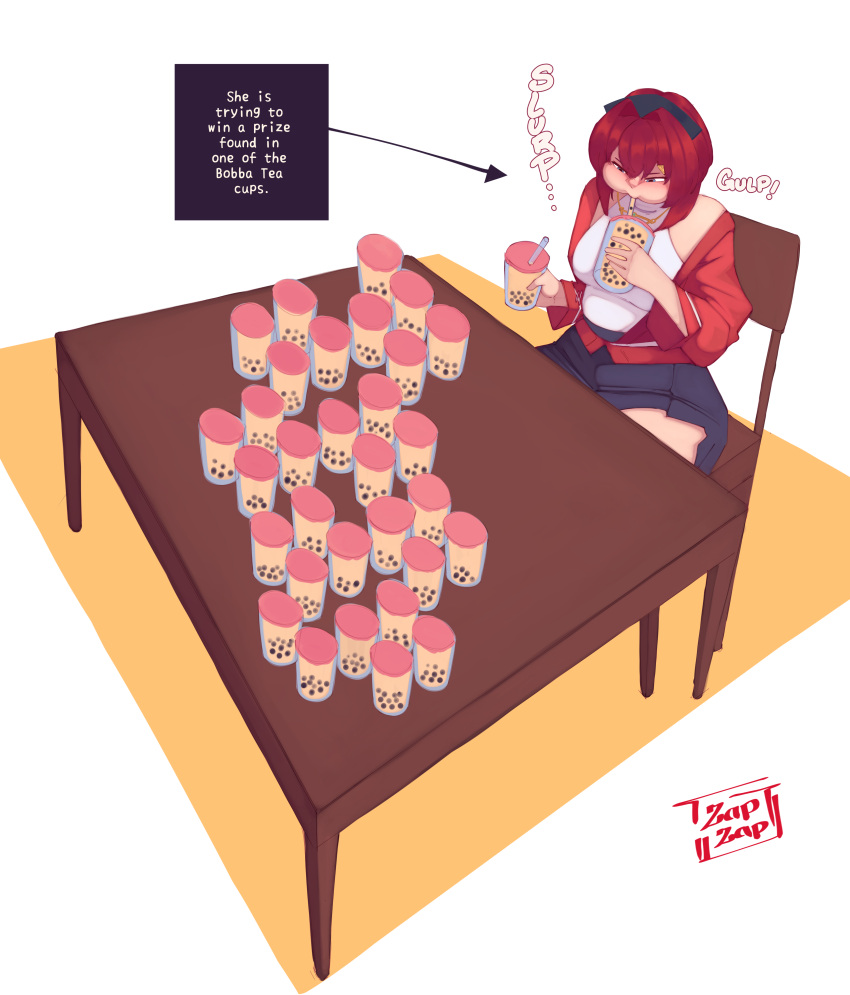 absurdres, ange_katrina, ange_katrina_(2nd_costume), belt, black_skirt, blue_eyes, bubble_tea, chair