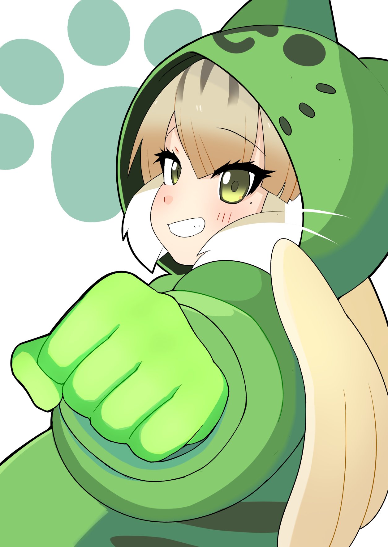 1girl, angel_wings, animal_costume, animal_ears, cat_ears, cat_girl, extra_ears, gang_beasts, gloves, green_eyes, grey_hair, highres, illu_(illu_stratos), jungle_cat_(kemono_friends), kemono_friends, kemono_friends_v_project, long_hair, looking_at_viewer, looking_back, multicolored_hair, parody, simple_background, smile, solo, two-tone_hair, virtual_youtuber, white_hair, wings