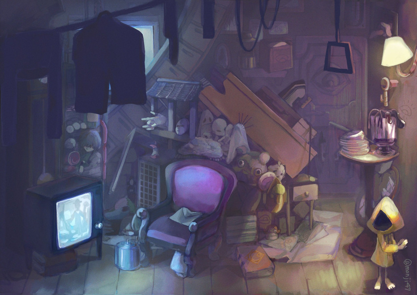 1girl, barefoot, book, book_stack, box, broken_glass, coat, crt