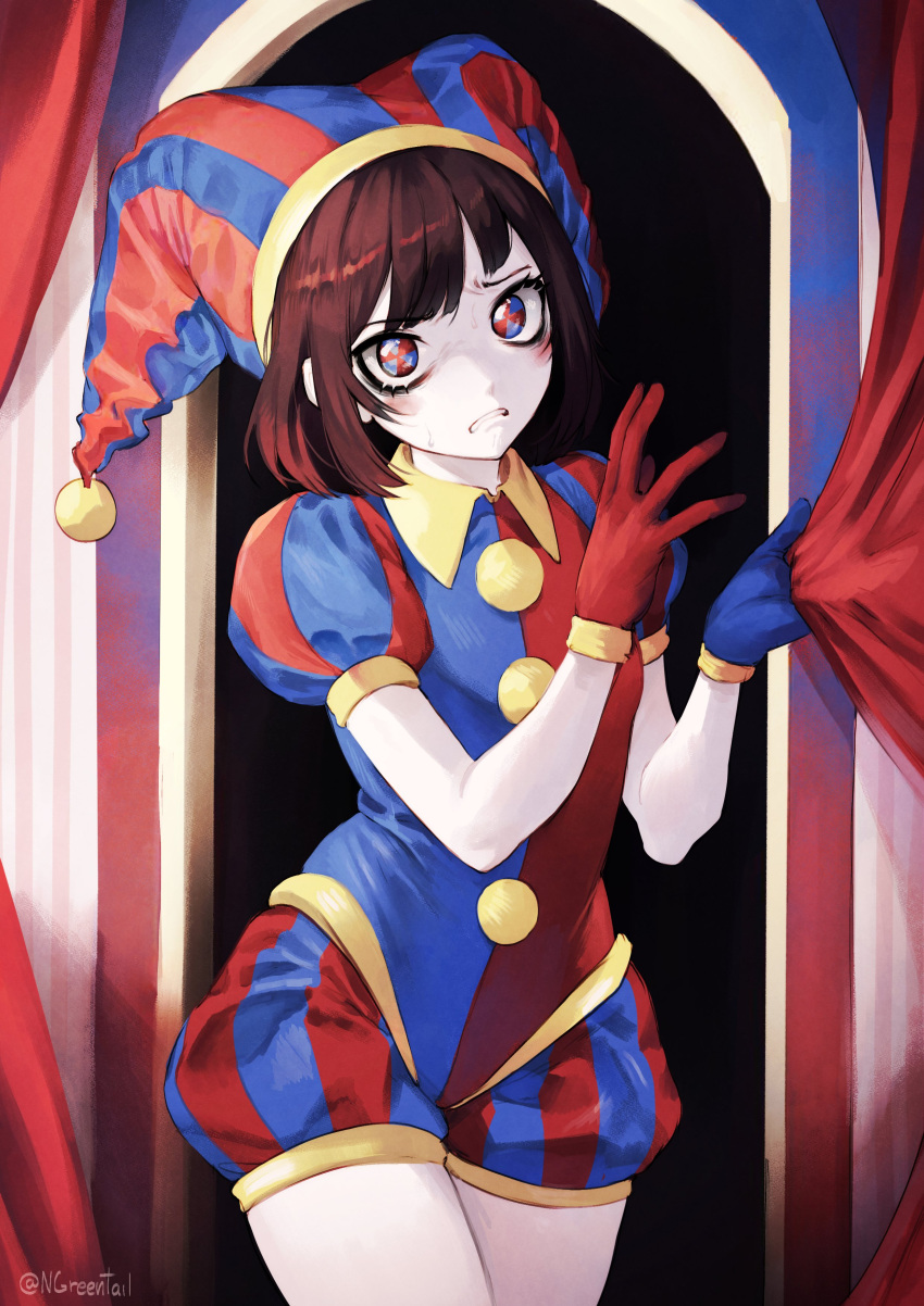 1girl, absurdres, asymmetrical_gloves, black_hair, blue_gloves, blue_headwear, colored_skin, gloves, hat, hat_bell, highres, jester, jester_cap, looking_at_viewer, mismatched_gloves, multicolored_clothes, multicolored_headwear, nifast_(greentail), pomni_(the_amazing_digital_circus), red_gloves, red_headwear, solo, striped, striped_headwear, sweat, the_amazing_digital_circus, two-tone_eyes, vertical-striped_bodysuit, vertical-striped_headwear, vertical_stripes, white_skin