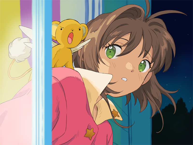 1girl, blush, brown_hair, cardcaptor_sakura, child, derivative_work, green_eyes, jors