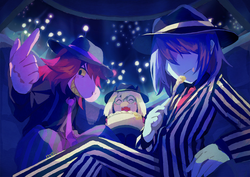 1girl, 2boys, black_shirt, blue_skin, cake, closed_eyes, colored_skin, deltarune