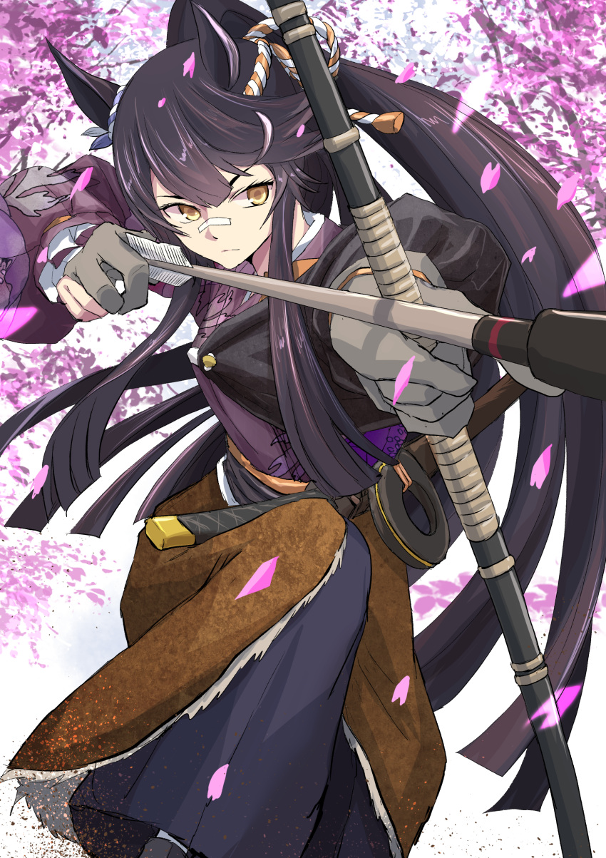 1girl, absurdres, animal_ears, arrow_(projectile), bandaid, bandaid_on_face, bandaid_on_nose, black_hair, boushi-ya, bow_(weapon), cherry_blossoms, closed_mouth, commentary_request, ear_ornament, falling_petals, gloves, hair_between_eyes, highres, horse_ears, horse_girl, katana, long_hair, long_sleeves, narita_brian_(heavenly_laughter_kaburaya)_(umamusume), narita_brian_(umamusume), official_alternate_costume, partial_commentary, partially_fingerless_gloves, petals, ponytail, rope, sheath, sheathed, shimenawa, solo, sword, umamusume, v-shaped_eyebrows, very_long_hair, weapon, yellow_eyes