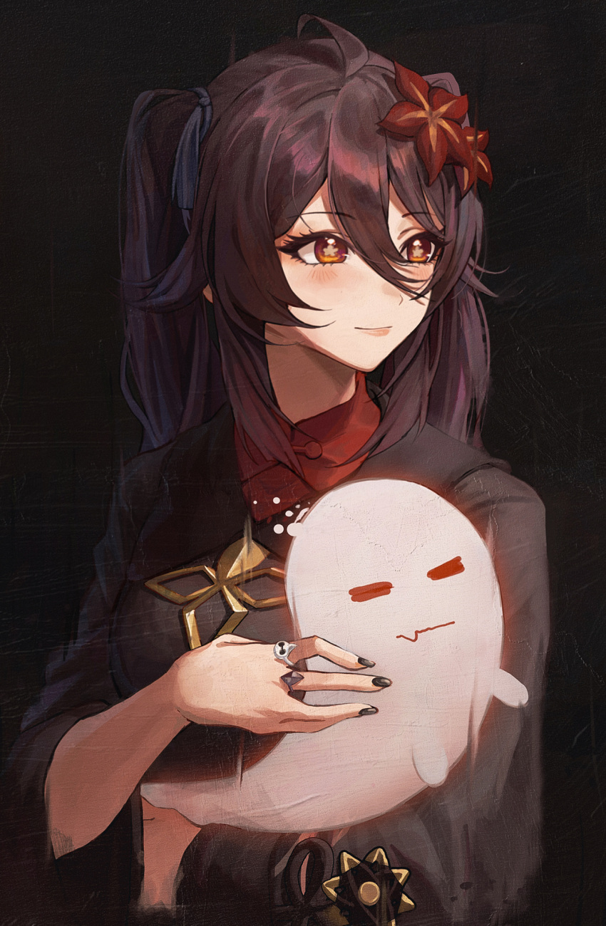 1girl, black_background, black_nails, blush, boo_tao_(genshin_impact), chinese_clothes, cozyu, fang