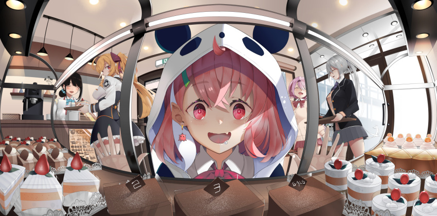 against_glass, bakery, cake, chocolate_cake, display, drooling, emuki_(armies_soul), food