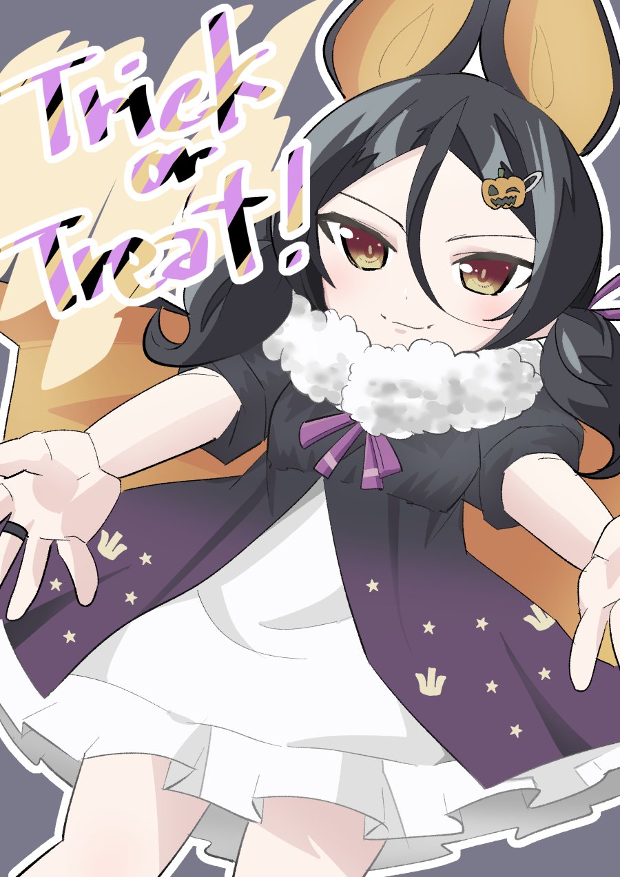 1girl, animal_ears, bat_ears, black_dress, black_hair, brown_eyes, cape, cowboy_shot