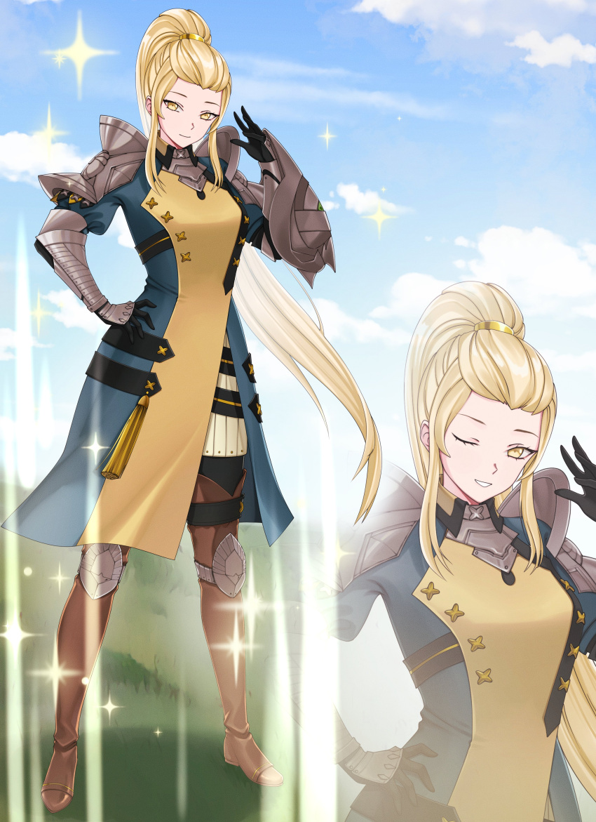 1girl, absurdres, alternate_costume, armor, fire_emblem, fire_emblem_engage, full_body, hair_slicked_back, high_ponytail, highres, jade_(fire_emblem), looking_at_viewer, mari48240422, multiple_views, one_eye_closed, shoulder_armor, sidelocks, yellow_eyes
