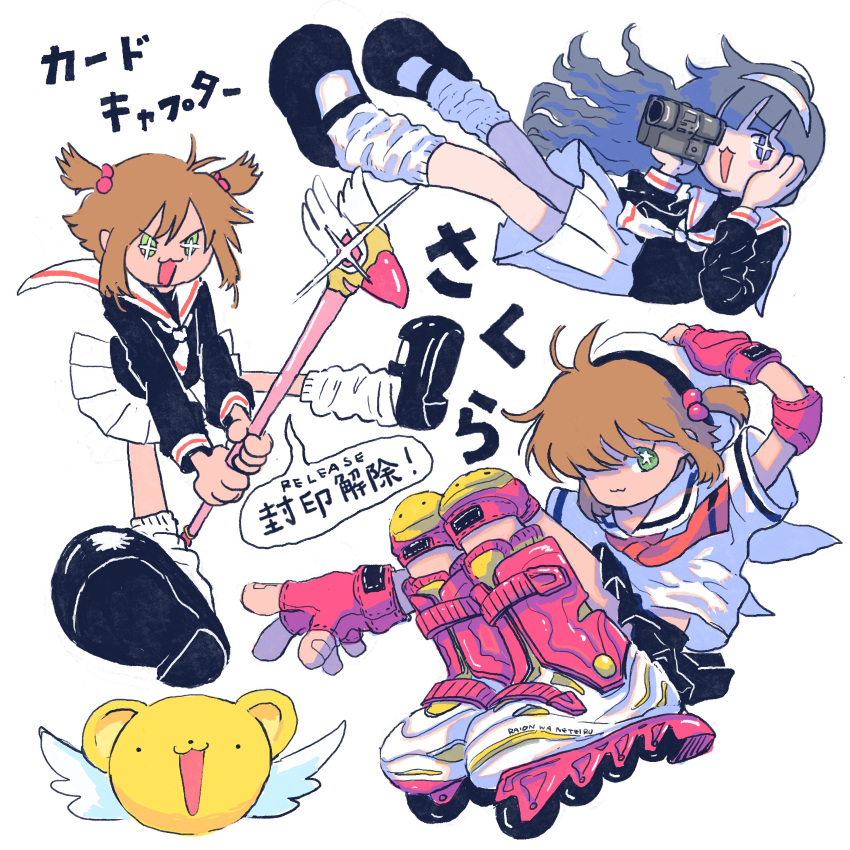 +_+, 2girls, :3, absurdres, alternate_costume, beret, black_footwear, black_shirt, black_skirt, bright_pupils, brown_hair, camcorder, camera, cardcaptor_sakura, character_name, commentary_request, daidouji_tomoyo, elbow_pads, fingerless_gloves, floating_hair, gloves, green_eyes, grey_eyes, grey_hair, hair_bobbles, hair_ornament, hair_over_one_eye, hairband, hand_on_headwear, hand_on_own_cheek, hand_on_own_face, hat, highres, holding, holding_camera, inline_skates, kero, kinomoto_sakura, knee_pads, kneehighs, knees_up, lion_wa_neteiru, long_hair, looking_at_viewer, loose_socks, mary_janes, multiple_girls, multiple_views, necktie, one_eye_covered, pink_gloves, red_necktie, roller_skates, sailor_collar, school_uniform, serafuku, shirt, shoes, short_hair, short_sleeves, simple_background, skates, skirt, socks, speech_bubble, star-shaped_pupils, star_(symbol), symbol-shaped_pupils, translation_request, two_side_up, video_camera, wavy_hair, white_background, white_hairband, white_headwear, white_necktie, white_pupils, white_sailor_collar, white_skirt