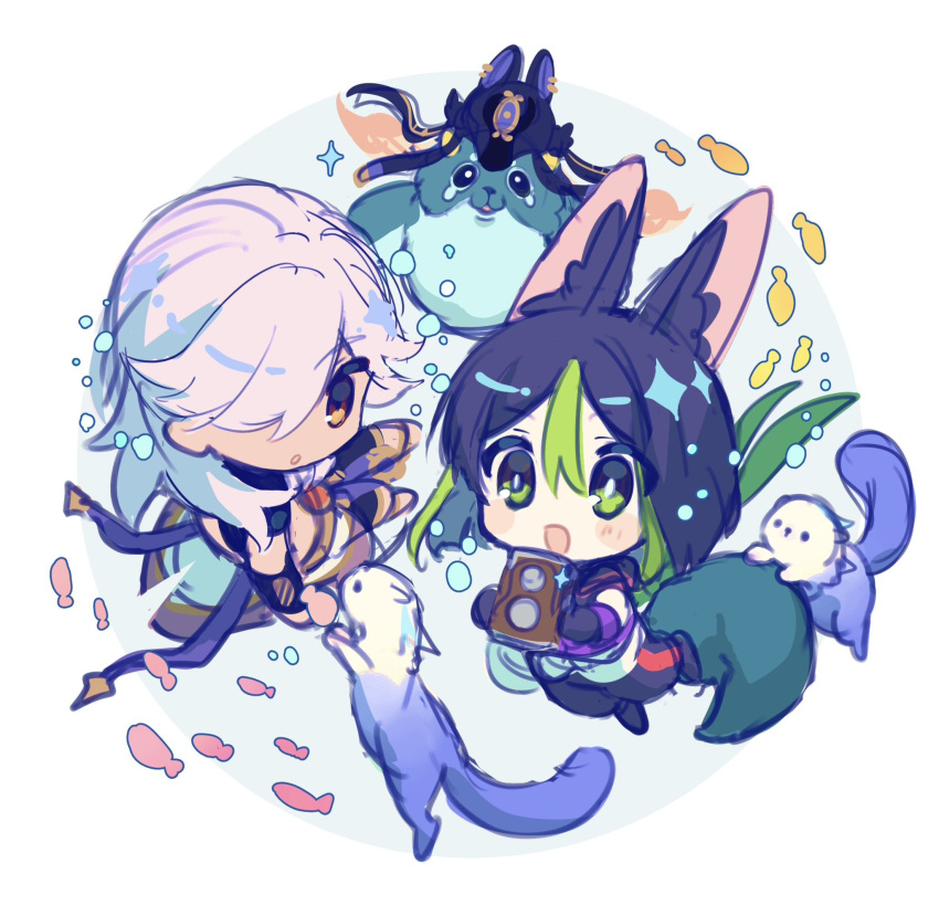 2boys, :o, animal, animal_ear_fluff, animal_ears, black_hair, black_headwear, blubberbeast_(genshin_impact)
