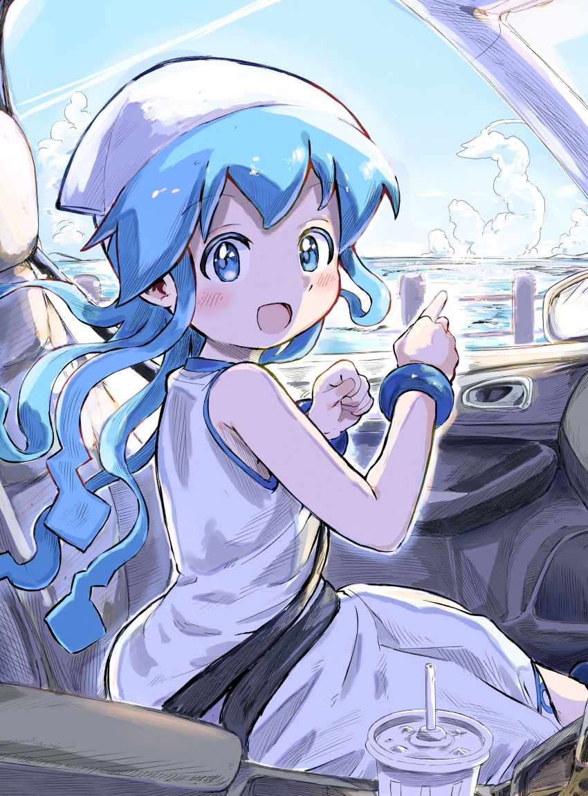 1girl, absurdres, blue_eyes, blue_hair, blue_sky, bracelet, car_interior, clouds