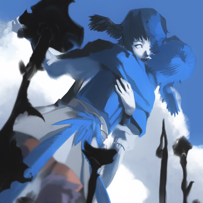 2girls, 7enn, bird_girl, bird_tail, bird_wings, blue_capelet, blue_hair, blue_sky