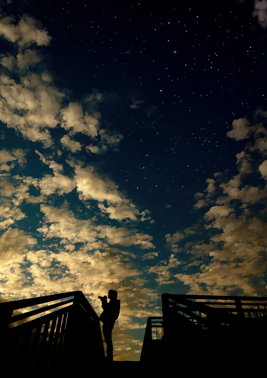 cloud, clouds, highres, night, pedestrian_bridge, pixiv_festa, railing, sarugetty