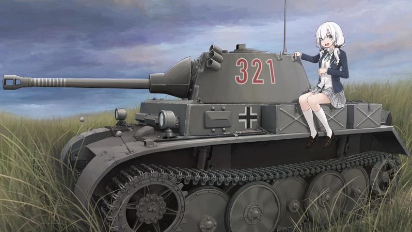 1girl, absurdres, ars_almal, blue_eyes, caterpillar_tracks, clouds, cross, day, grass, highres, iron_cross, isonokami_furu, military, military_vehicle, motor_vehicle, nijisanji, panzer_ii, skirt, sky, tank, thigh-highs, twintails, uniform, white_hair